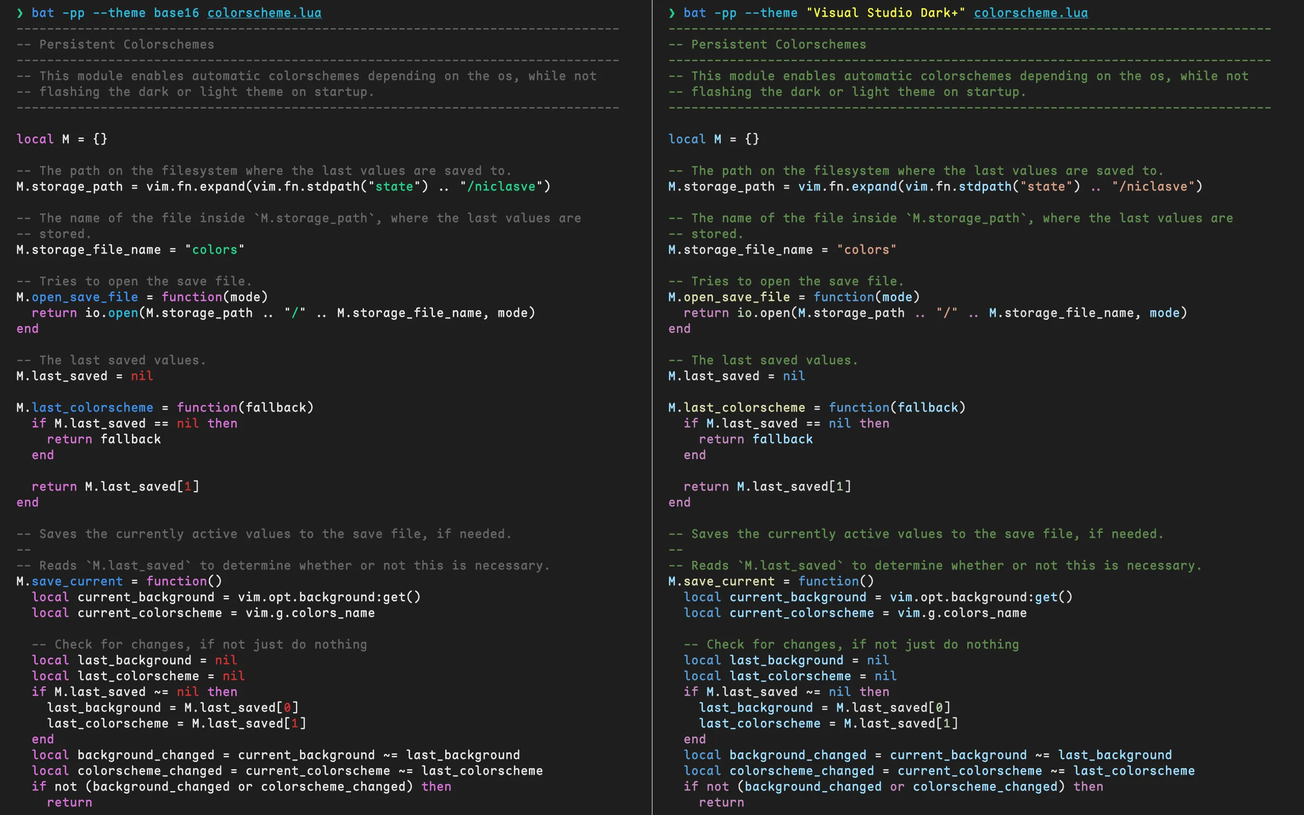 Comparing the inferred base16 colors to a manually generated theme for the bat program.